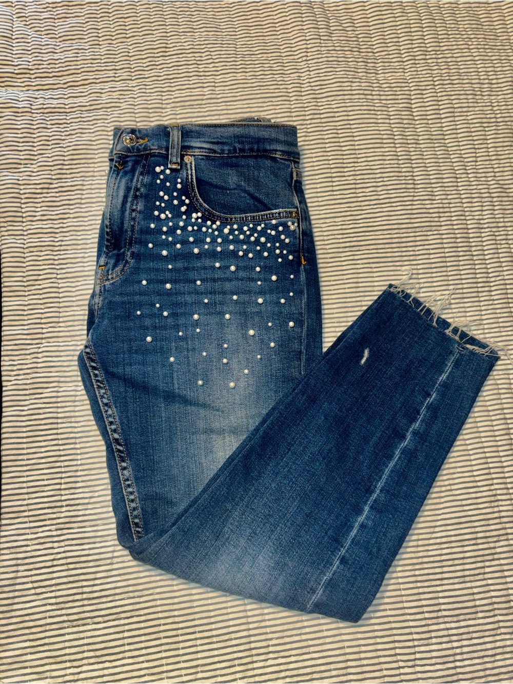 Zara Pearl-Embellished Dark Blue Tapered Leg Jeans